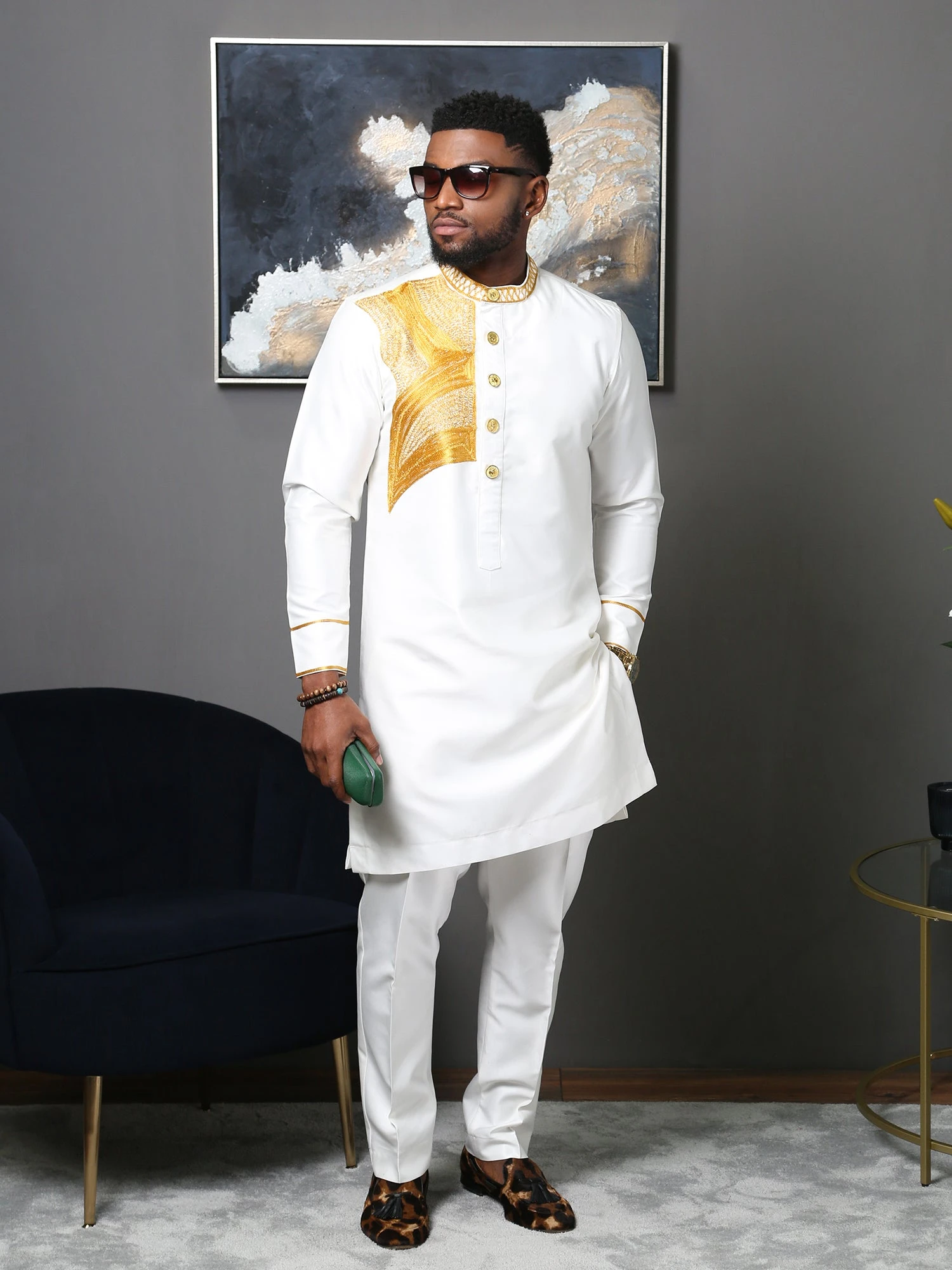 White Embroidered Men's Two-Piece Outfit | Traditional African Men's Wear - Image 3