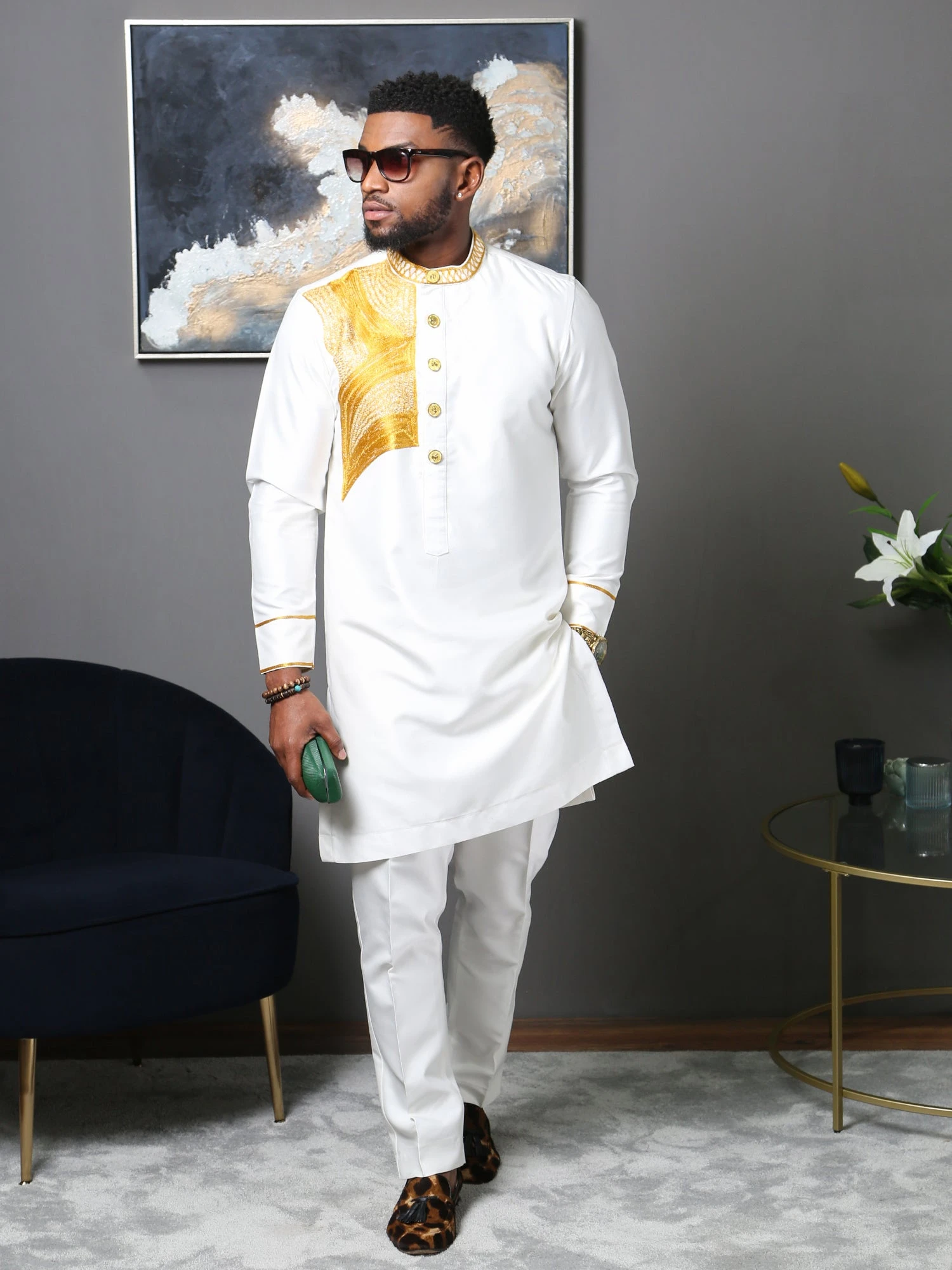 White Embroidered Men's Two-Piece Outfit | Traditional African Men's Wear - Image 4