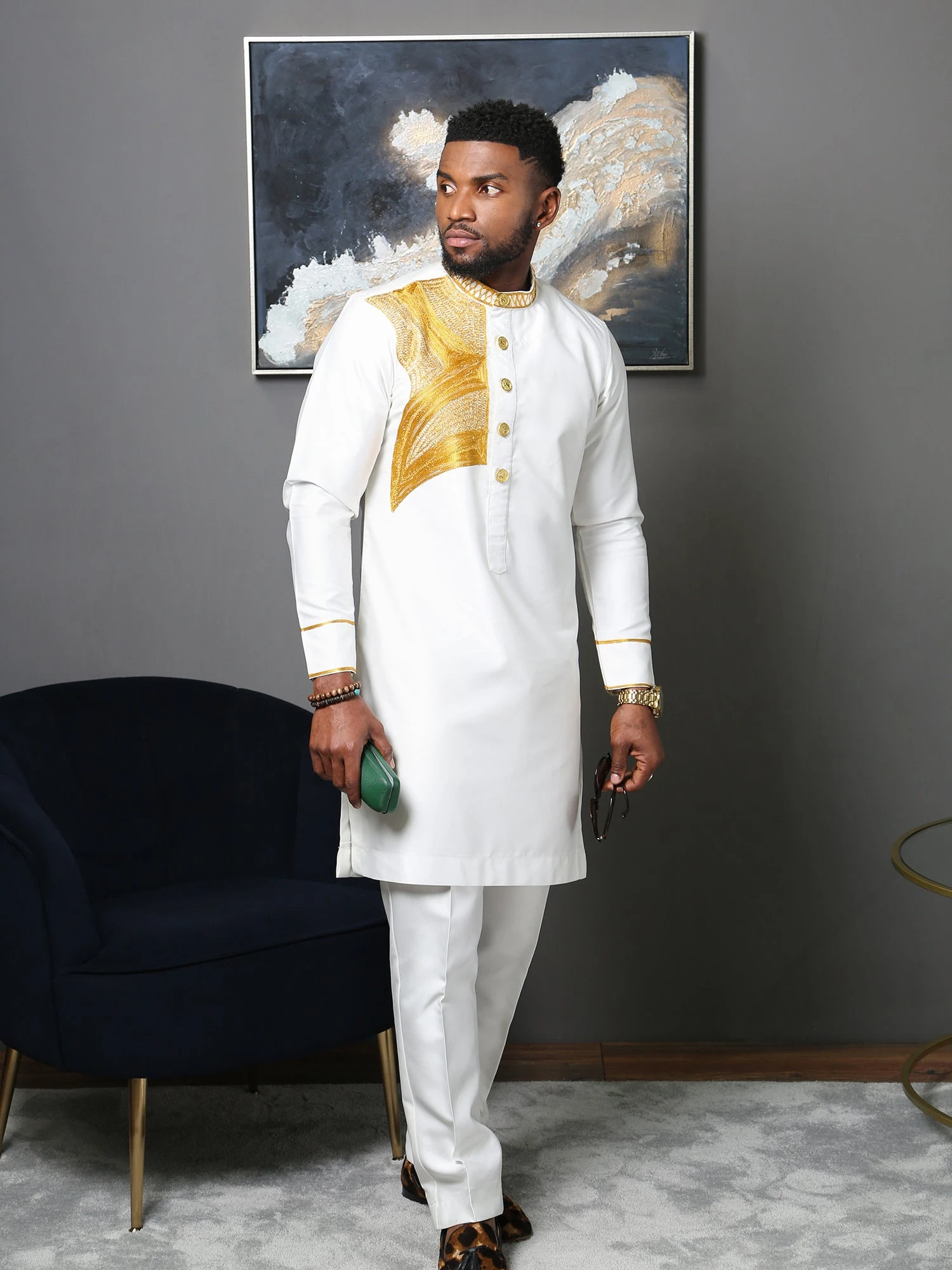 White Embroidered Men's Two-Piece Outfit | Traditional African Men's Wear - Image 5