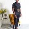 Navy Blue Embroidered Men's Two-Piece Set | African Traditional Attire