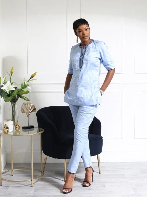 Sky Blue Women's Two-Piece African Outfit – Elegant Embroidered Tunic And Trouser Set