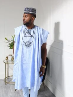 Sky Blue Men's Agbada Set With Embroidery | Elegant African Formal Wear