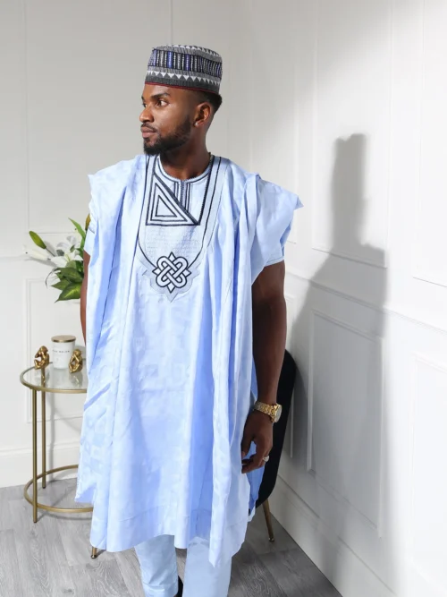 Sky Blue Men's Agbada Set With Embroidery | Elegant African Formal Wear