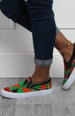 African Print Slip On Sneakers | LAVIYE Green Kente Sneakers - ACCRA
