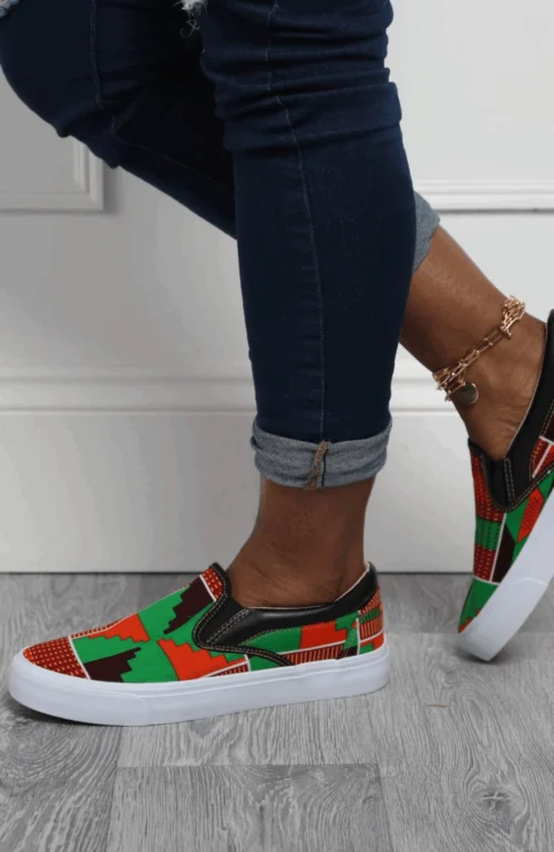 African Print Slip On Sneakers | LAVIYE Green Kente Sneakers - ACCRA