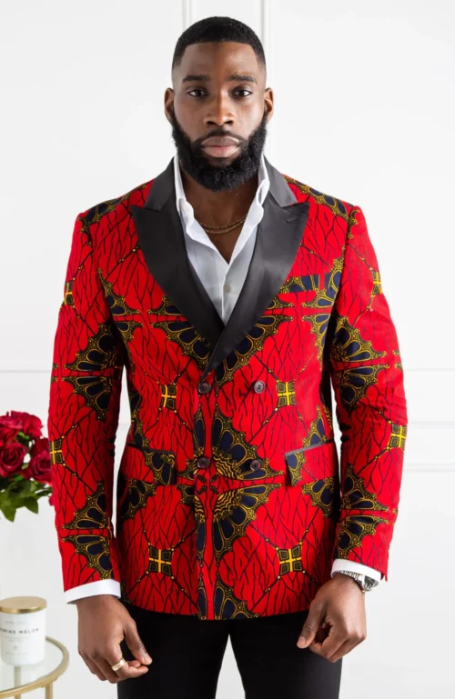 African Blazers For Men - Tailored Fit Double Breasted African Print Formal Blazer - CHARLES