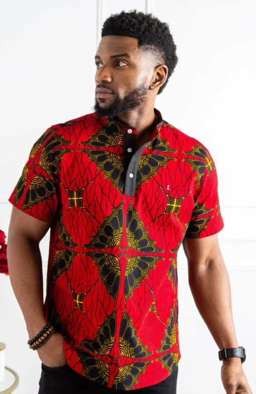 African Print Polo Shirt For Men | Grandad Collar Ankara Shirt - CHARLES