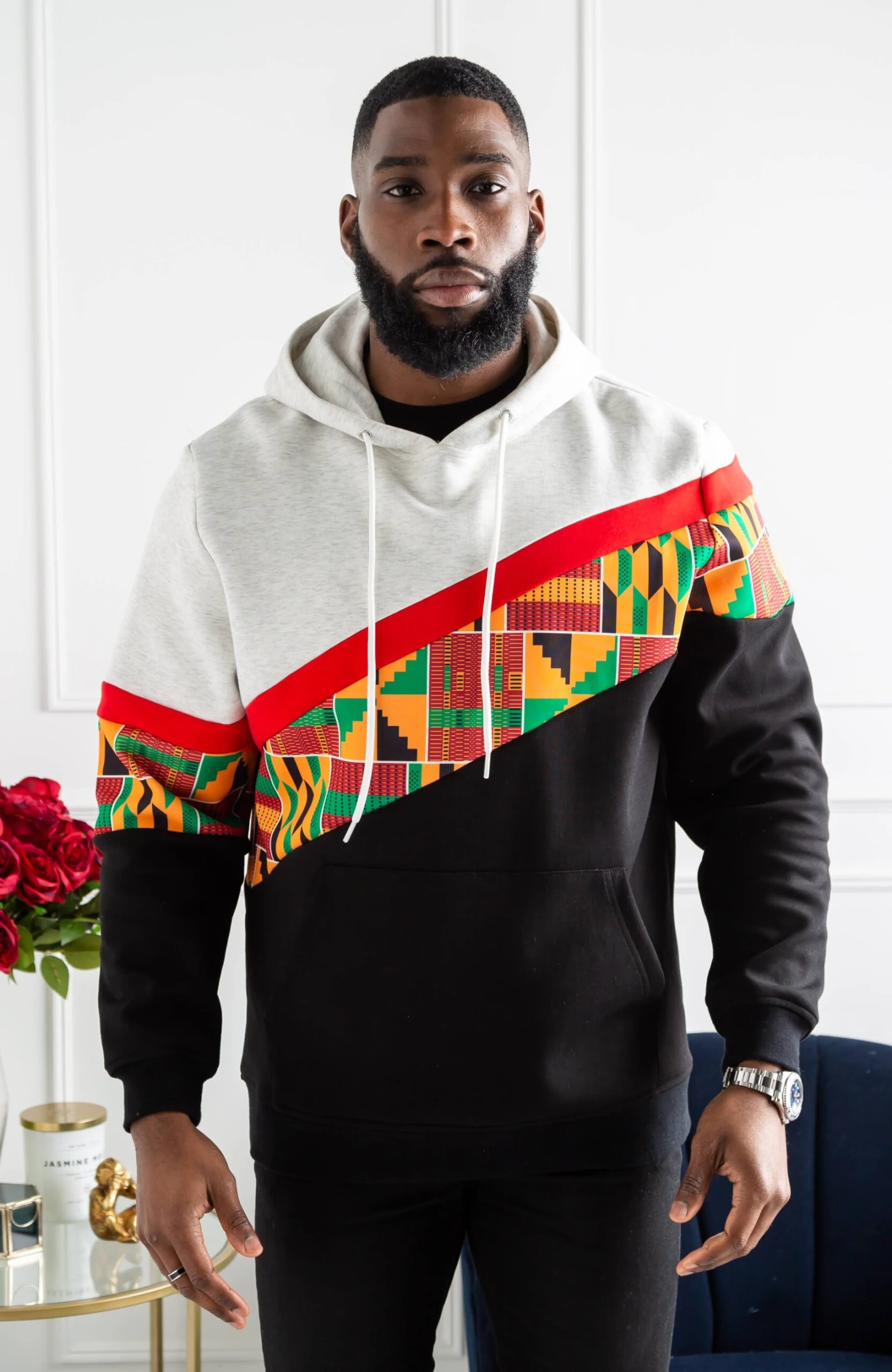 Men's Kente Asymmetric Stripe African Print Hoodie | KUMASI - Image 3