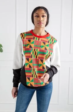Kente Crew Neck African Print Sweatshirt For Women | V Block | KUMASI