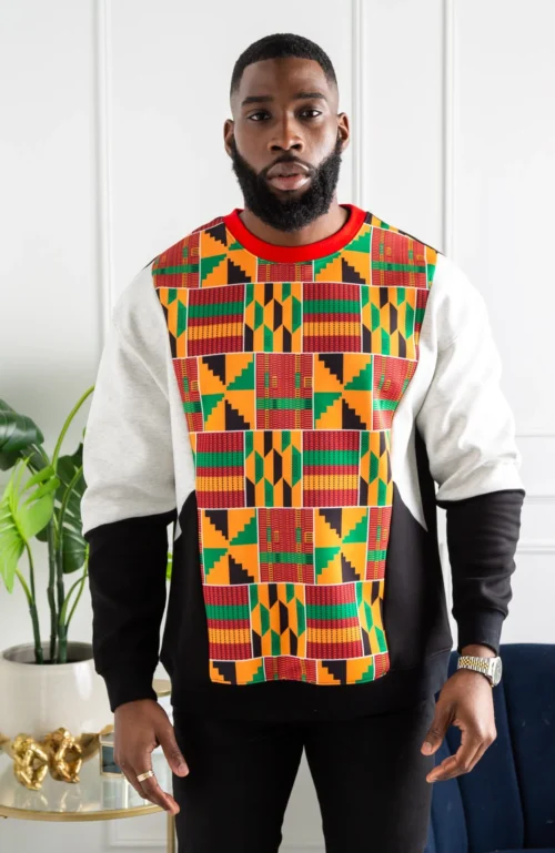 Men's Kente Crew Neck African Print Sweatshirt | V Block | KUMASI