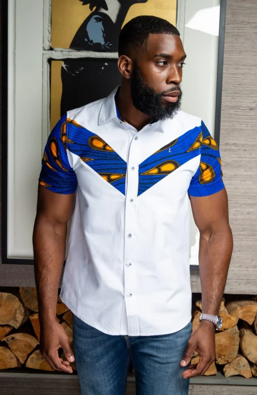 V-Shaped Ankara Shirt For Men | Short Sleeve African Print Shirt - ELIJAH