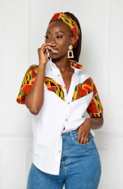 African Print V-Shaped Shirt For Women | Unisex Short Sleeve Ankara Shirt - KENYA