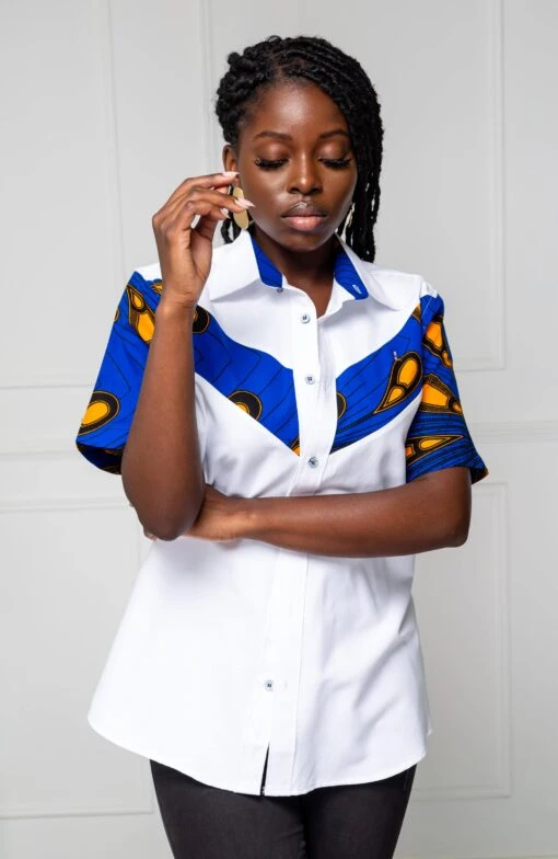 V-Shaped Ankara Shirt For Women | Unisex Short Sleeve African Print Shirt - ELLA