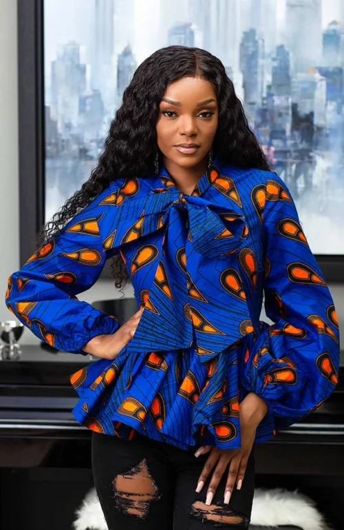 African Print Pussybow Peplum Blouse - ELLA