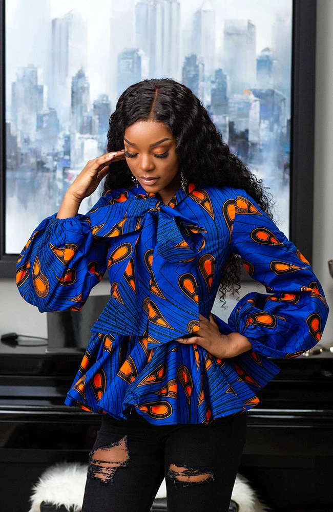 African Print Pussybow Peplum Blouse - ELLA - Image 2