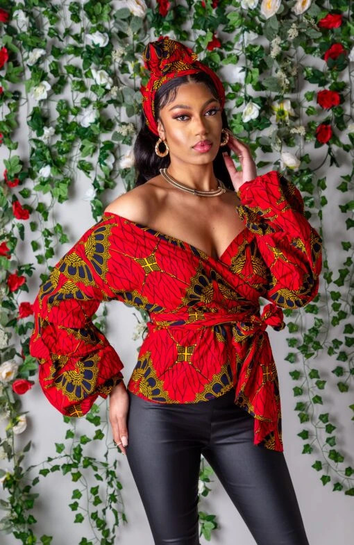Red Ankara Off Shoulder Wrap Blouse - Ankara Wrap Bardot Top - CORDELIA