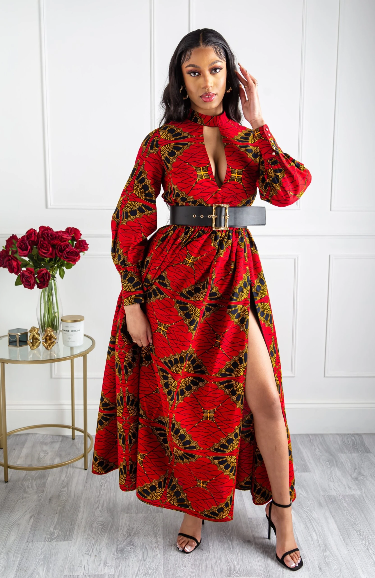 Turtleneck Plunge African Print Maxi Dress | Long Sleeved Maxi Dress - CORDELIA - Image 9