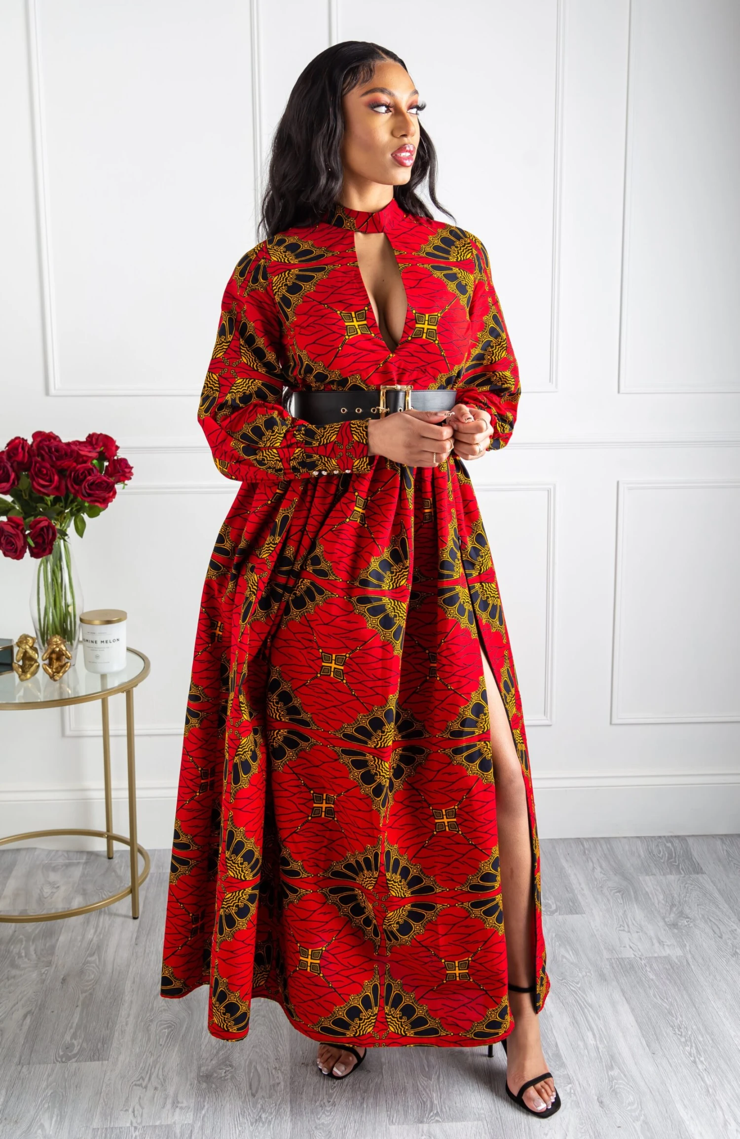 Turtleneck Plunge African Print Maxi Dress | Long Sleeved Maxi Dress - CORDELIA - Image 3