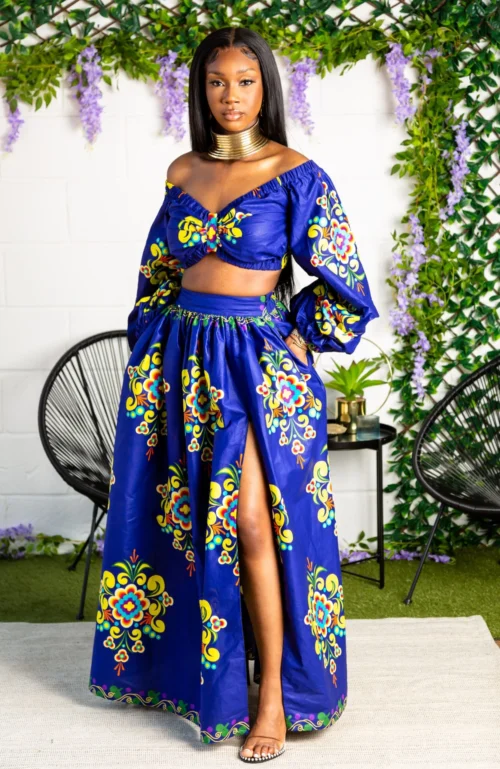 African Print Floral Maxi Skirt & Crop Top Set - FRANCA